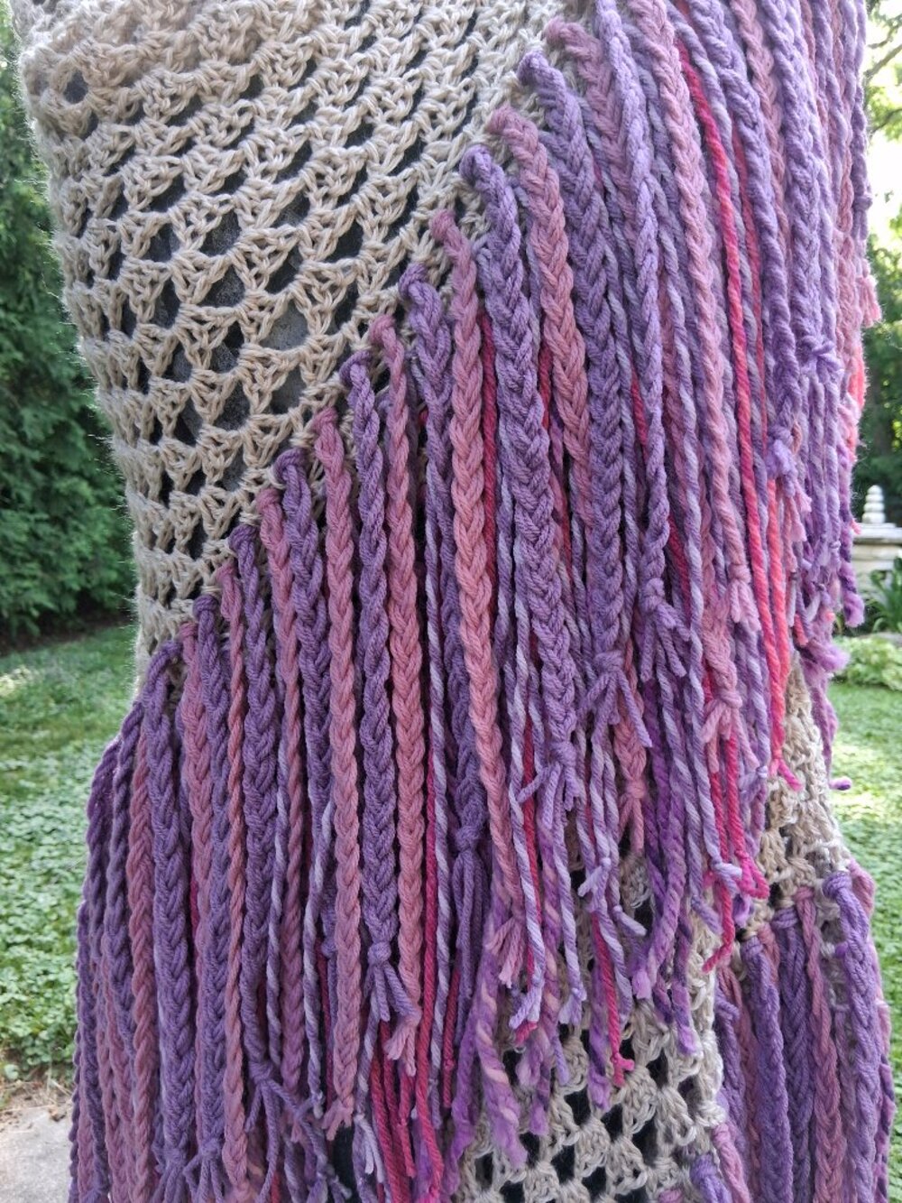 Boho Beige Multi colors Purple pink Bulky Double Braided Fringe Shawl O/S - Picture 3 of 12
